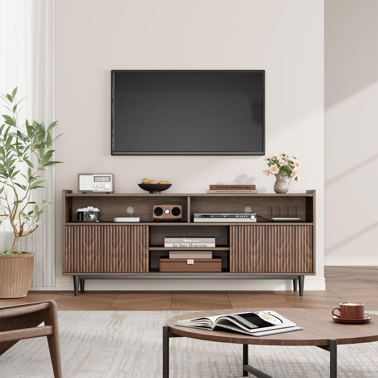 GarveeHome Fluted TV Stand for 75 Inch, Boho Entertainment Center with Sliding Doors, Wood Media Cabinet Furniture with Adjustable Shelves for Living Room Bedroom, Walnut GarveeHome