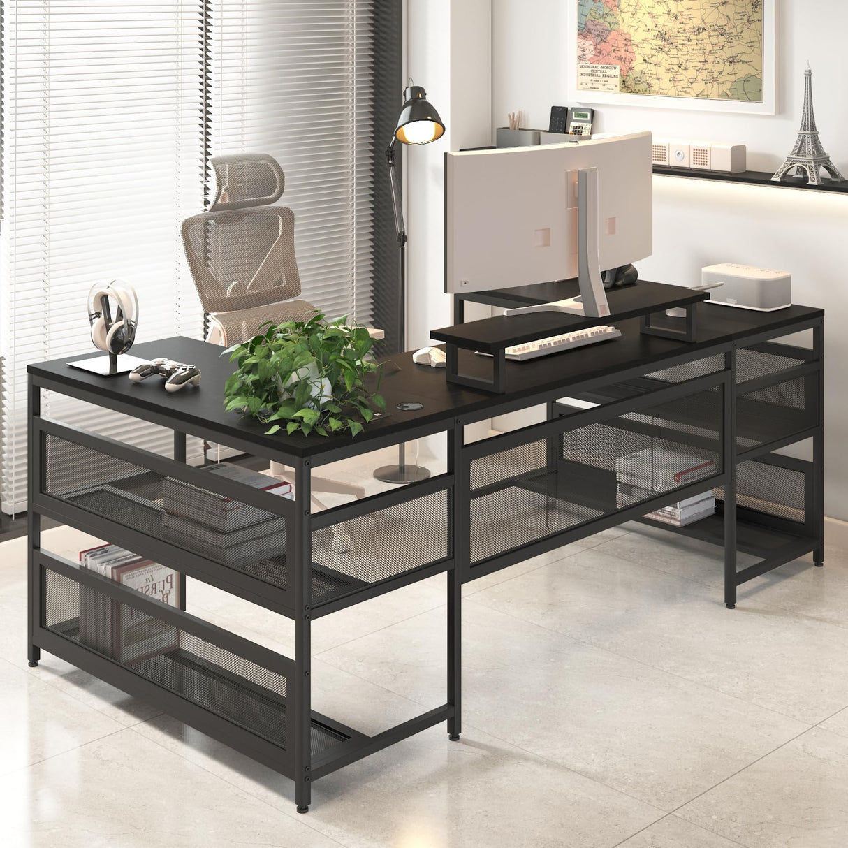 Patravious U-Shaped Computer Desk, Home Office Desk with Shelve and LED Lights, Gaming Desk with Monitor Stand, Corner Computer Desk with Storage Shelves for Offices, Home, Study & bedrooms (Black) Patravious