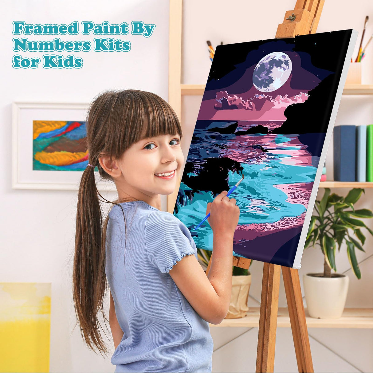 MOGTAA Moon Night Paint by Number Kit for Adults Beginners Framed, Adult Paint by Number Kits On Canvas, Easy Adults' Paint-by-Number Kits, DIY Seaside Oil Painting Kits for Home Decor, 8x12in MOGTAA