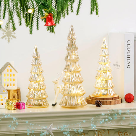 Gold Mercury Glass Christmas Tree Set of 3, Light up Christmas Trees for Holiday Tabletop Centerpiece Mantel Decor Blivergowell