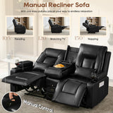 URRED Manual Reclining Loveseat Sofa with Console, Double Recliner RV Couch with Bluetooth Speakers, USB & Power Outlet, Cup Holders, Pillow and Side Pocket, for Home Theater, Faux Leather, Black URRED