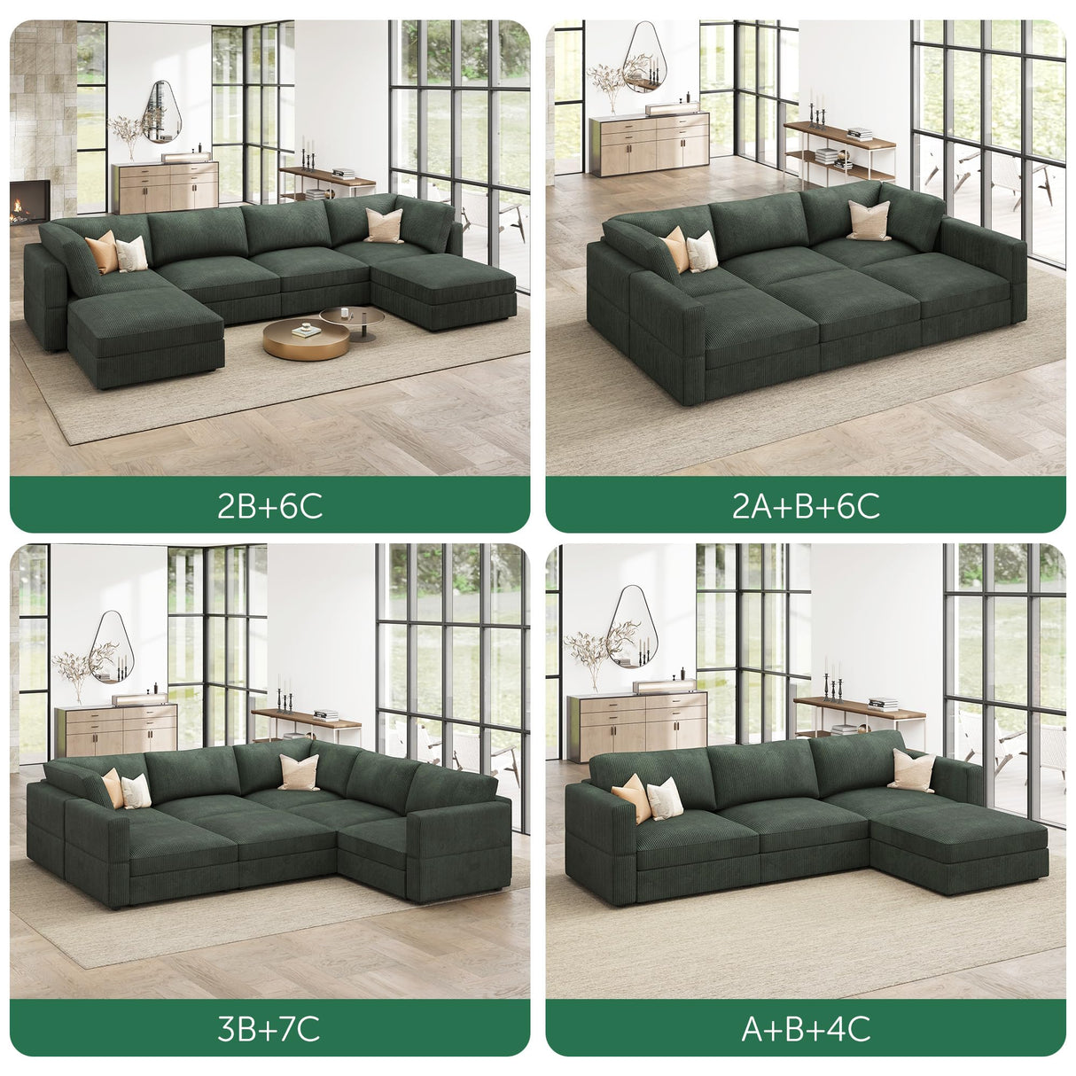 HONBAY Ottoman Module for Corduroy Modular Sectional Sofa with a Back Cushion, Storage Square Ottoman Bench for Living Room, Green HONBAY