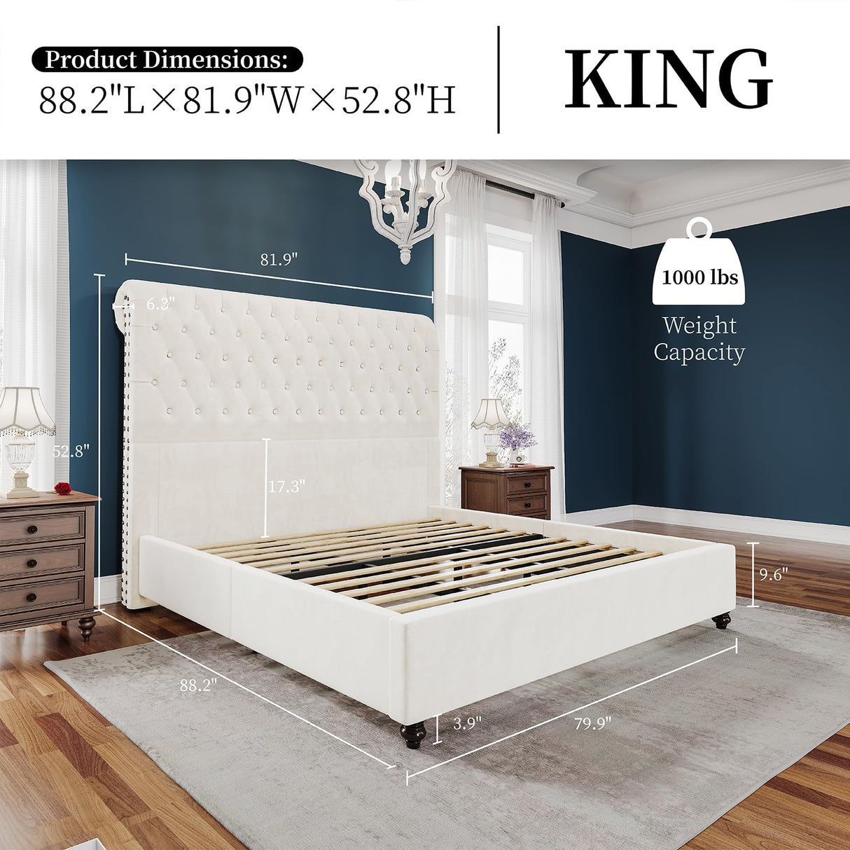 PaPaJet King Bed Frame Upholstered Platform Bed Frame with 52.8'' Tall Sleigh Headboard, Button Tufted, No Box Spring Needed, Easy Assembly, Cream PaPaJet