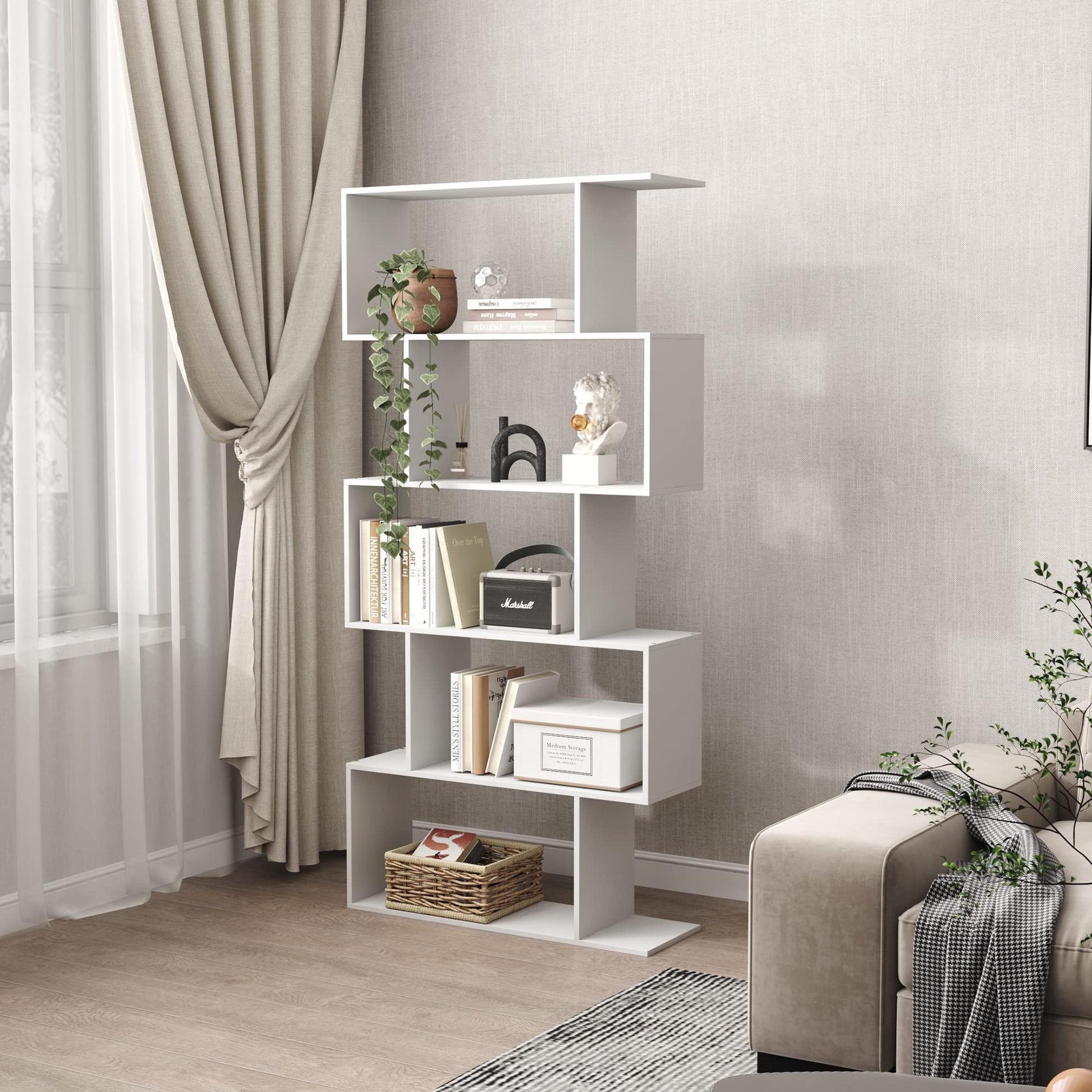 Yusong Modern 5-Tier Geometric Bookcase in White - Stylish S-Shaped Bookshelf for Home & Office - WoodArtSupply