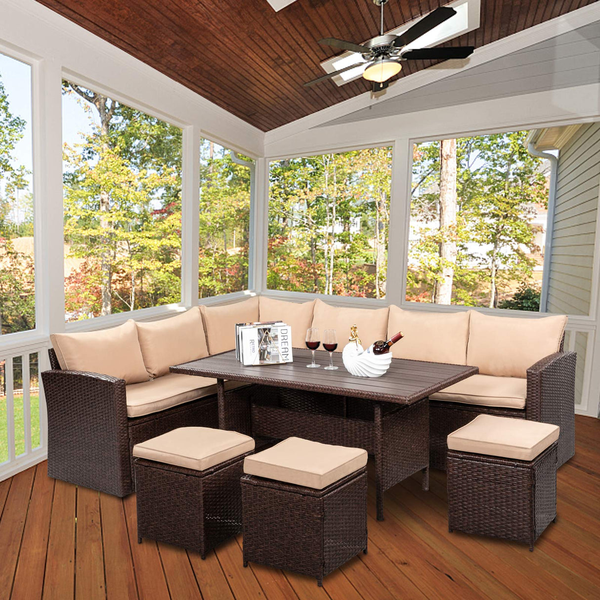 VINGLI 8 Pieces Outdoor Patio Furniture Set with Dining Table&Chairs, Wicker Patio Dining Set for 8, All Weather Outdoor Sectional Sofa Conversation Set with Ottoman VINGLI