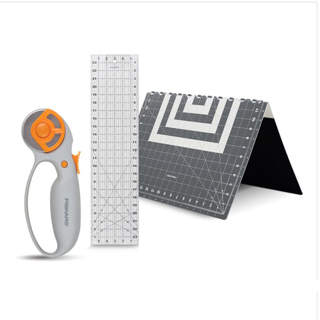 Fiskars Rotary Cutter 3-Piece Set - 45mm Blade Rotary Cutter for Fabric, Self Healing Cutting Mat, and Sewing Ruler - Craft Supplies - White/Gray Fiskars