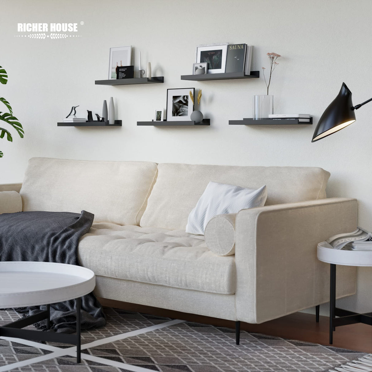 RICHER HOUSE 5 Set Floating Wall Mounted Shelves, Black Shelves for Wall Decor, Modern Picture Ledge Shelf with Lip for Storage, Nursery, Bedroom, Living Room, Bathroom - Black RICHER HOUSE