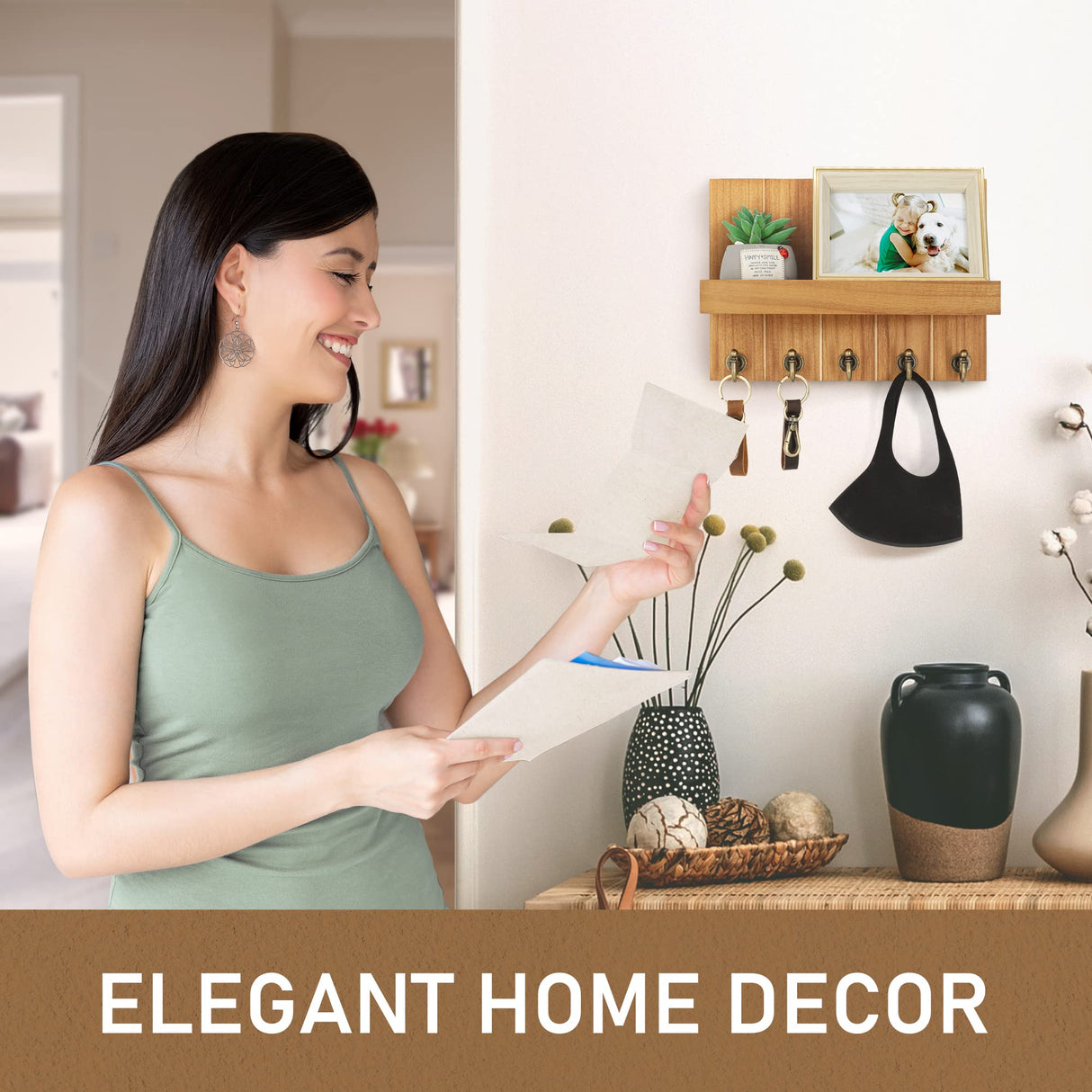 Rebee Vision Farmhouse Key Holder for Wall - Decorative Farmhouse Wall Shelf with Key Hooks and Mail Organizer Wall Mount for Apartment Essentials - Rustic Living Room Decor (Light Brown) Rebee Vision