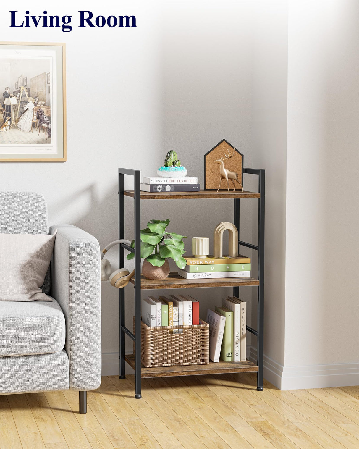Kitsure 3-Tier Book Shelf - Wood & Metal Bookshelf with Handle & Adjustable Feet, Lightweight Bookcase for Living Room, Bedroom, Kitchen, Office or Dorm (16.5"×11.0"×28.1") Kitsure