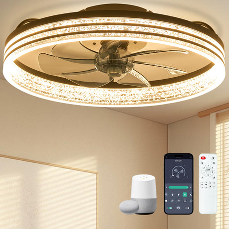 DIAMONDFORGE Smart Ceiling Fans with Lights Remote - WiFi Alexa 20'' Flush Mount Low Profile Modern Ceiling Fans for Bedroom -Stepless Color Temperature and 6 Speeds - Crystal Stripe DIAMONDFORGE