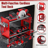 YYR Power Tool Organizer Wall Mount with Charging Station, Cordless Tools Hanger and Battery Storage Rack for Garage Organization, Heavy Duty Drill Holder Shelf Build in Metal Power Strip - Red YYR