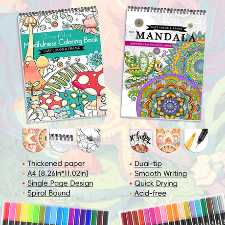 CKMOREL 2Pcs Adult Coloring Books with 36 Colors Markers, Mandala Adult Coloring Book for Women Relaxation with 48 Patterns, Colors Markers Set, Anxiety Relief Mindfulness Gifts Original & Hand Drawn CKMOREL