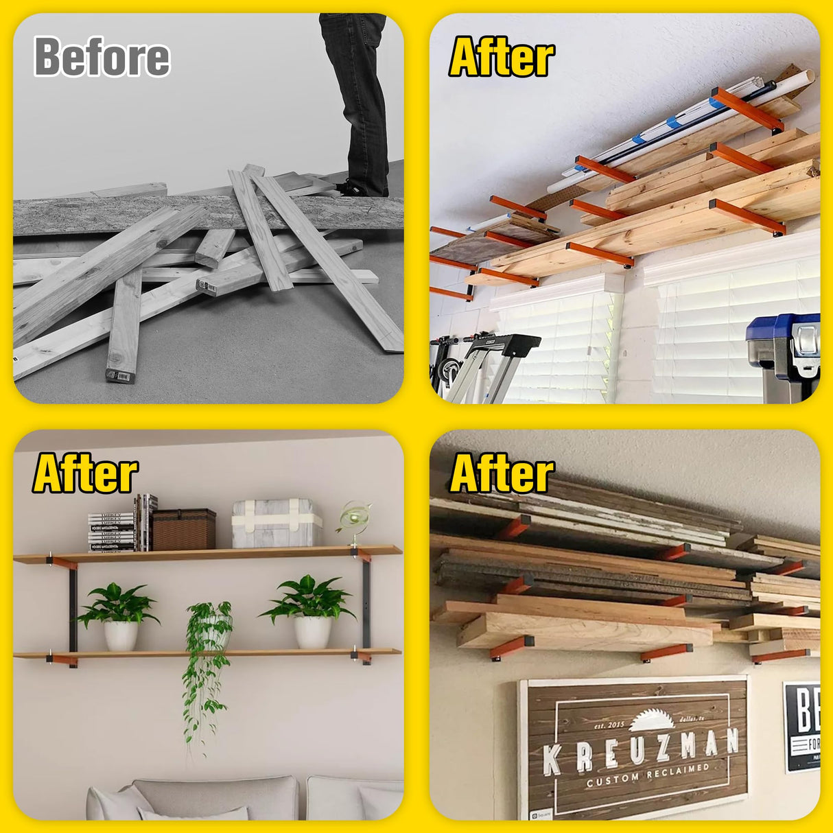 Dtructiew Lumber Storage Rack Wall Mount,Wood Storage Rack with Longer & Adjustable Arms,4 Packs 720 LB Wood Organizer Heavy Duty Garage Lumber Utility Racks with Additional 2 Short Bars Dtructiew