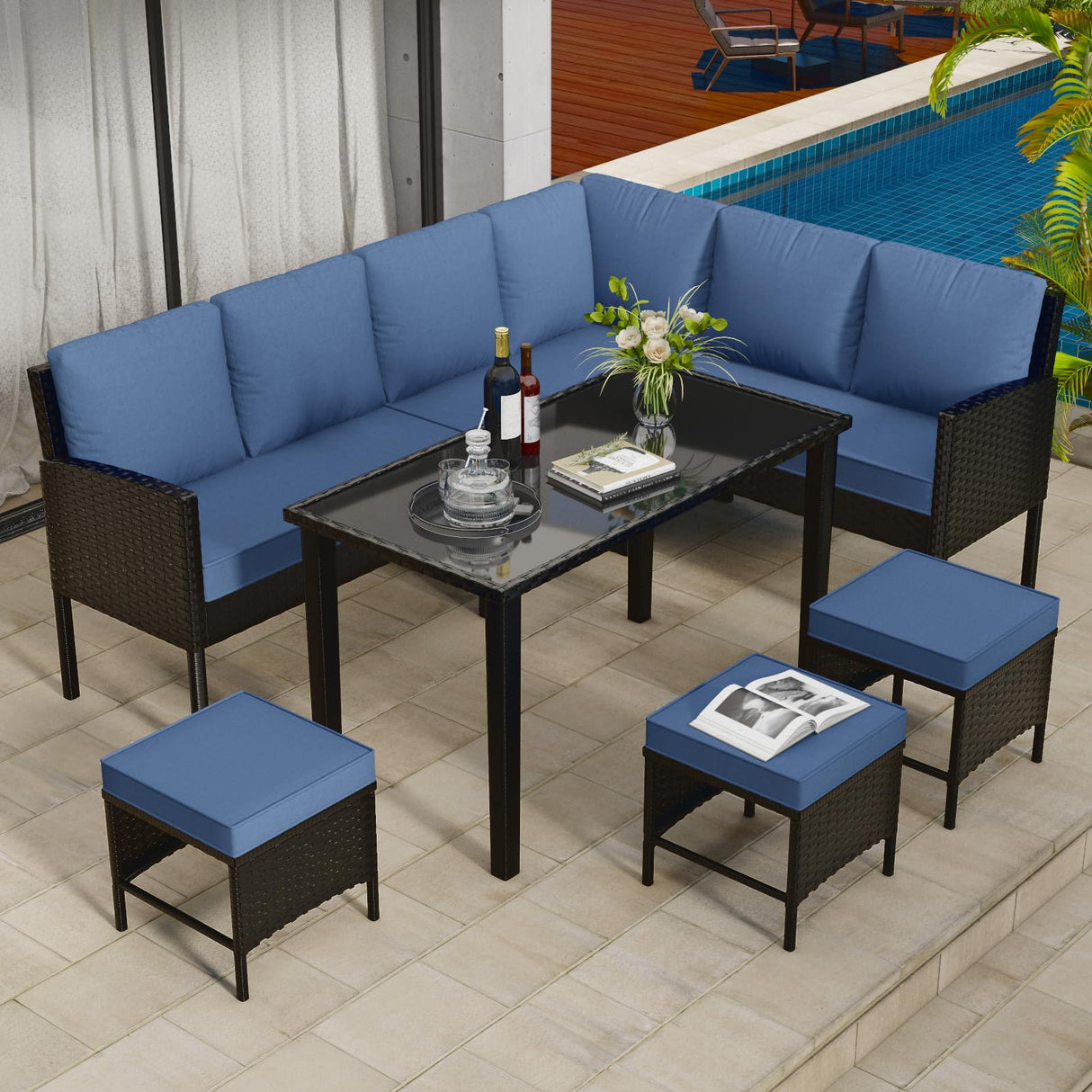 HLNPTN 7-Piece Patio Furniture Set, Outdoor Couch with Dining Table & Ottomans, PE Rattan Sofa Set with Cushions for Deck, Yard, Poolside (Blue) HLNPTN