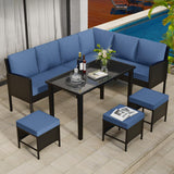 HLNPTN 7-Piece Patio Furniture Set, Outdoor Couch with Dining Table & Ottomans, PE Rattan Sofa Set with Cushions for Deck, Yard, Poolside (Blue) HLNPTN