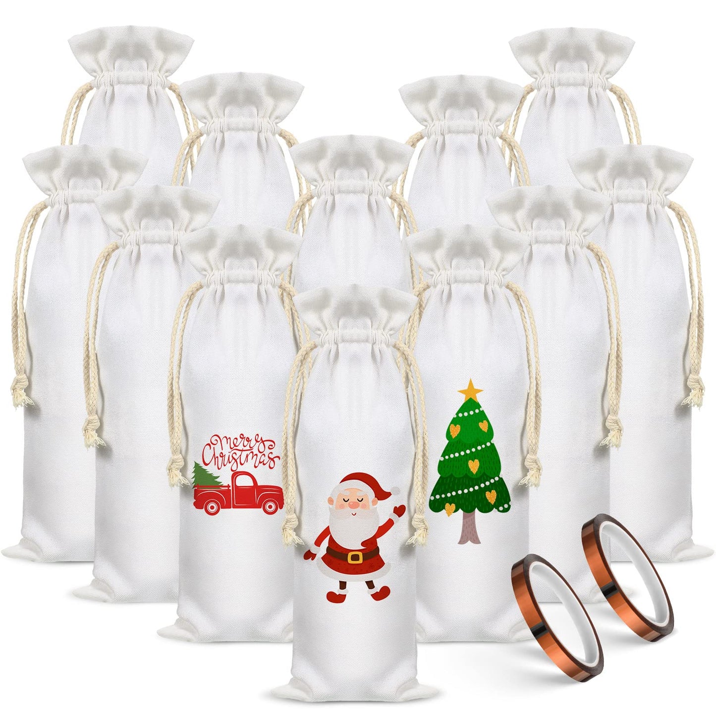 Riakrum 12 Pieces Sublimation Wine Bags Sublimation Christmas Blanks Wine Gift Bag with Drawstring Reusable Polyester Sublimation Sack Blanks with 2 Rolls Tape for Christmas DIY Birthday Wedding Party