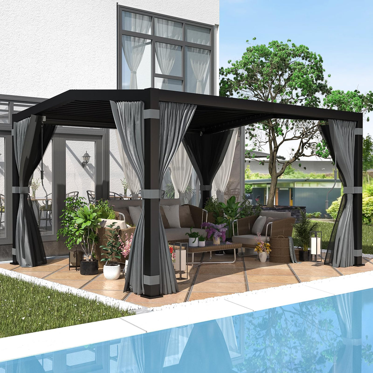 EROMMY Louvered Pergola 11' x 13' Outdoor Hard Top Mansard Roof Gazebo with Aluminum Frame and Adjustable Metal Rainproof Roof for Garden & Patio, Curtains and Netting Included, Gray-Black EROMMY