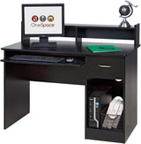 OneSpace Essential Black Computer Desk with Hutch & Pull-Out Keyboard Tray OneSpace