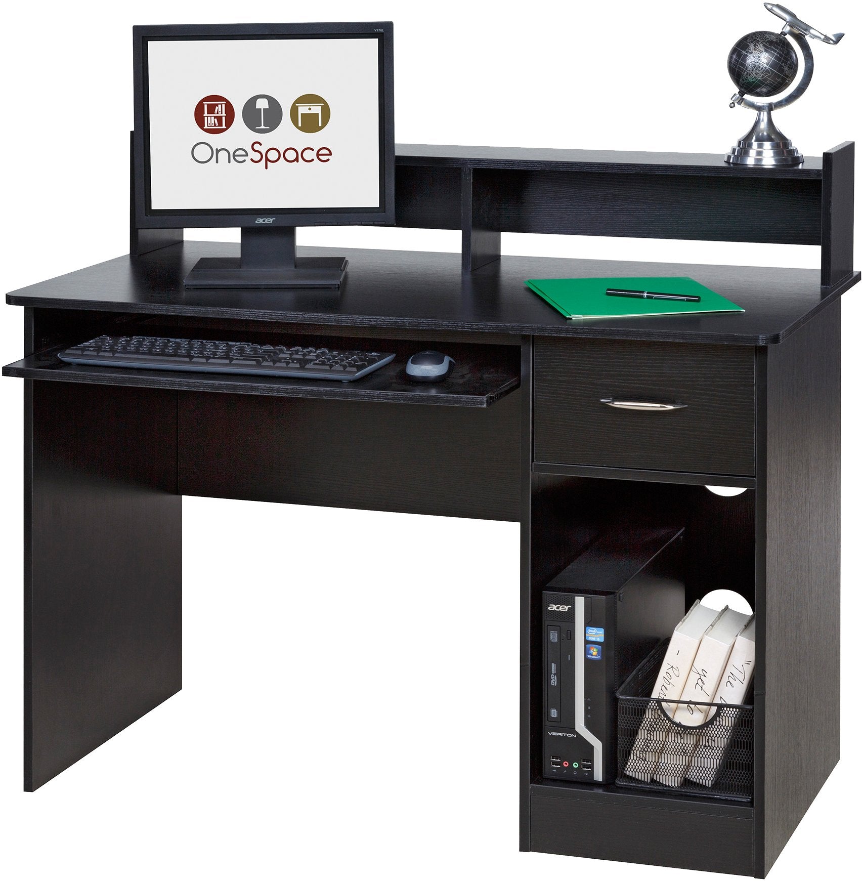 OneSpace Essential Black Computer Desk with Hutch & Pull-Out Keyboard Tray - WoodArtSupply