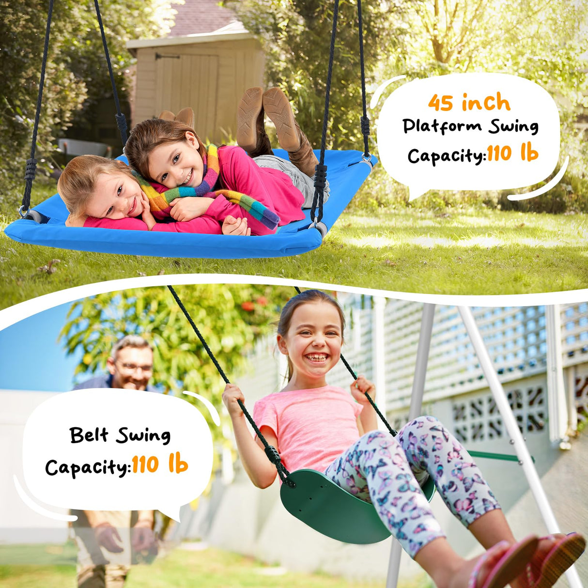 Hapfan Swing Sets for Backyard with Monkey Bars, Belt Swing, Platform Swing, Climbing Net, Trapeze Bar, Outdoor Playset for Kids Hapfan