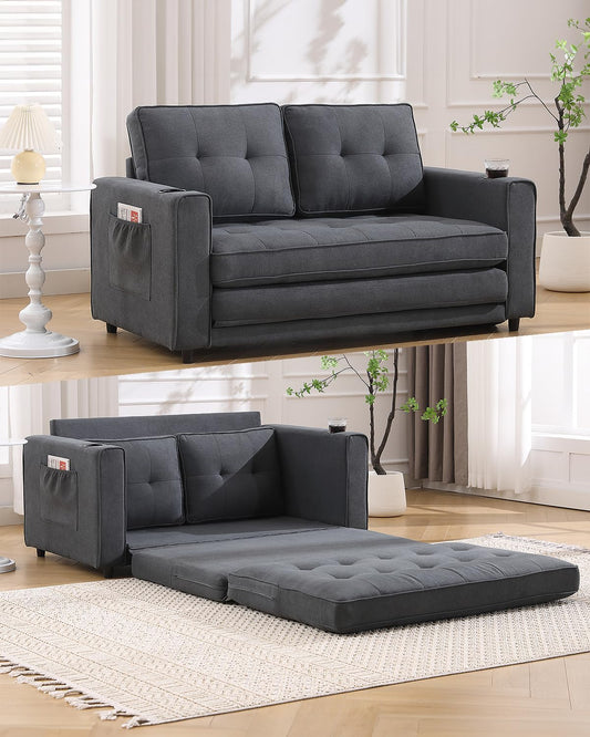 Miscoos 55" Folding Floor Sofa Chair Bed-Convertible Pull Out Sofa Bed, Futon Armchair Bed, Foldable Loveseat Sleeper, Floor Gaming Couch Bed Chair with Cup Holder for Small Space Dorm Apartment