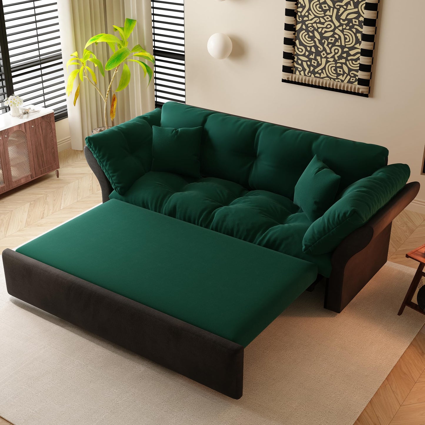 GNIXUU 74.8” Queen Pull Out Sofa Bed, Luxury Velvet Convertible Sleeper Sofa Couch with Side Storage, Comfy Cloud Futon Bed Pull Out Couch for Living Room, Apartment, Small Space(Green)