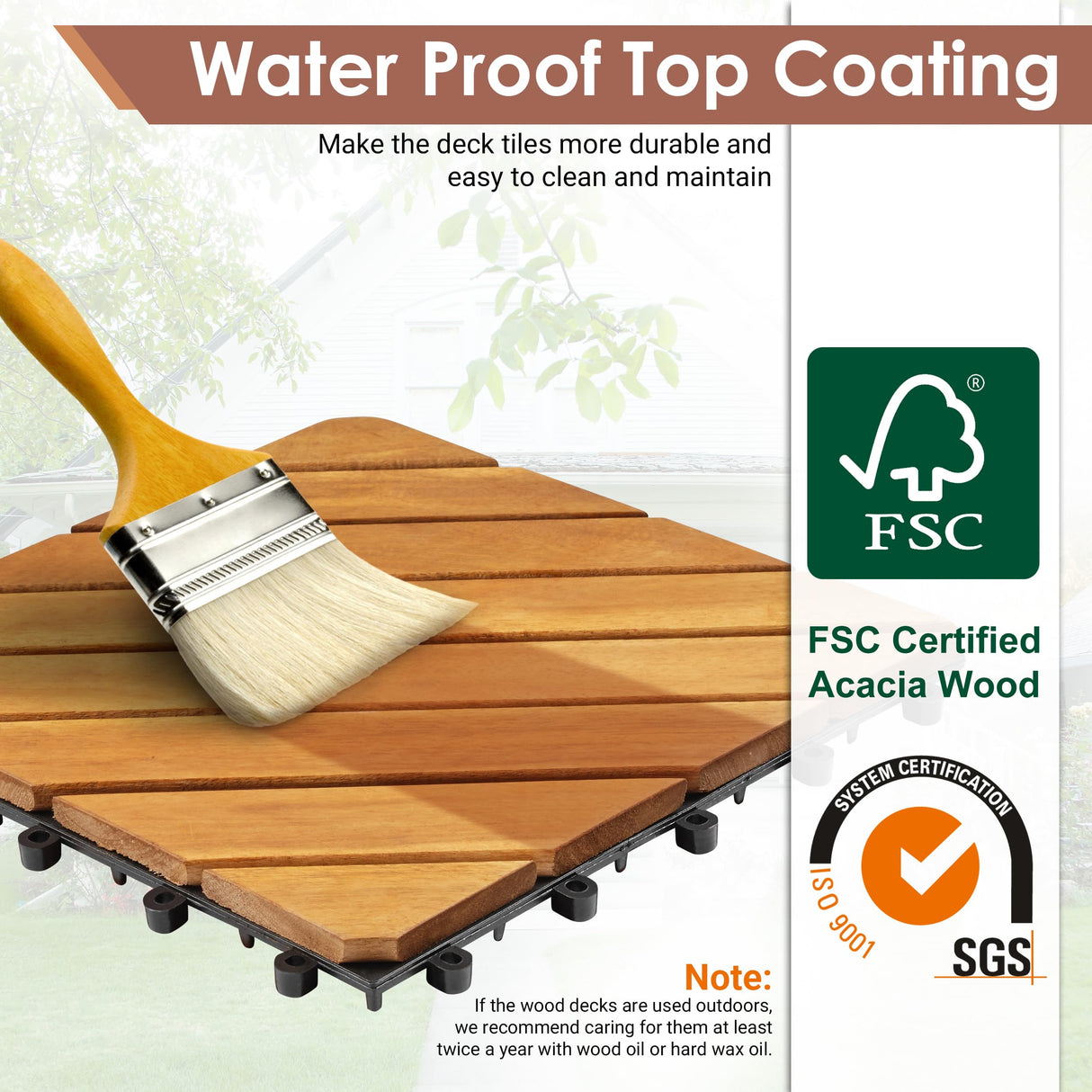 PrimeZone 54 PCS Solid Acacia Wood Interlocking Patio Deck Tiles - 12" x 12" Indoor Outdoor Waterproof Flooring Tiles for Balcony, Backyard, Garden & Poolside, All Weather Use, Natural Wood, Diagonal PrimeZone