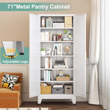 Metal Pantry Cabinet with 2 Doors and 5 Adjustable Shelves, 75" Kitchen Storage cabinets with Gold Handles, Versatile Storage for Laundry Room, Living Room, Bathroom, Dinning Room, Utility Room-White winiowa