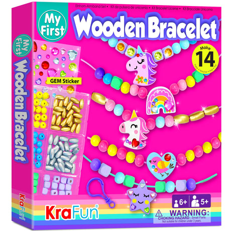 KRAFUN Unicorn Bracelet Craft Kit for Kids, Premium Wooden Beads, 14 Easy DIY Friendship Bracelets, Charms, Gem Stickers, Instructions, Gift for Girls KRAFUN