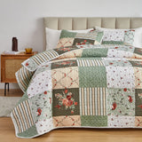 Patchwork Quilt Set Full/Queen Size, 3 Pieces Green Floral Plaid Summer Bedspread Coverlet Set, Soft Microfiber Reversible Lightweight Bed Cover for All Season (90" x 90", 1 Quilt+ 2 Pillow Shams) Flysheep