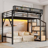 Twin XL Loft Beds with Storage Beside Shelves and Wardrobe, Metal Loft Bed Twin with LED Lights and USB Ports, Heavy-Duty Loft Bed Frame for Teens, Adults, Noise-Free & Space-Saving, Black Bellemave