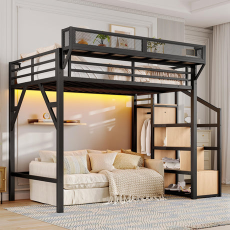 Twin XL Loft Beds with Storage Beside Shelves and Wardrobe, Metal Loft Bed Twin with LED Lights and USB Ports, Heavy-Duty Loft Bed Frame for Teens, Adults, Noise-Free & Space-Saving, Black Bellemave