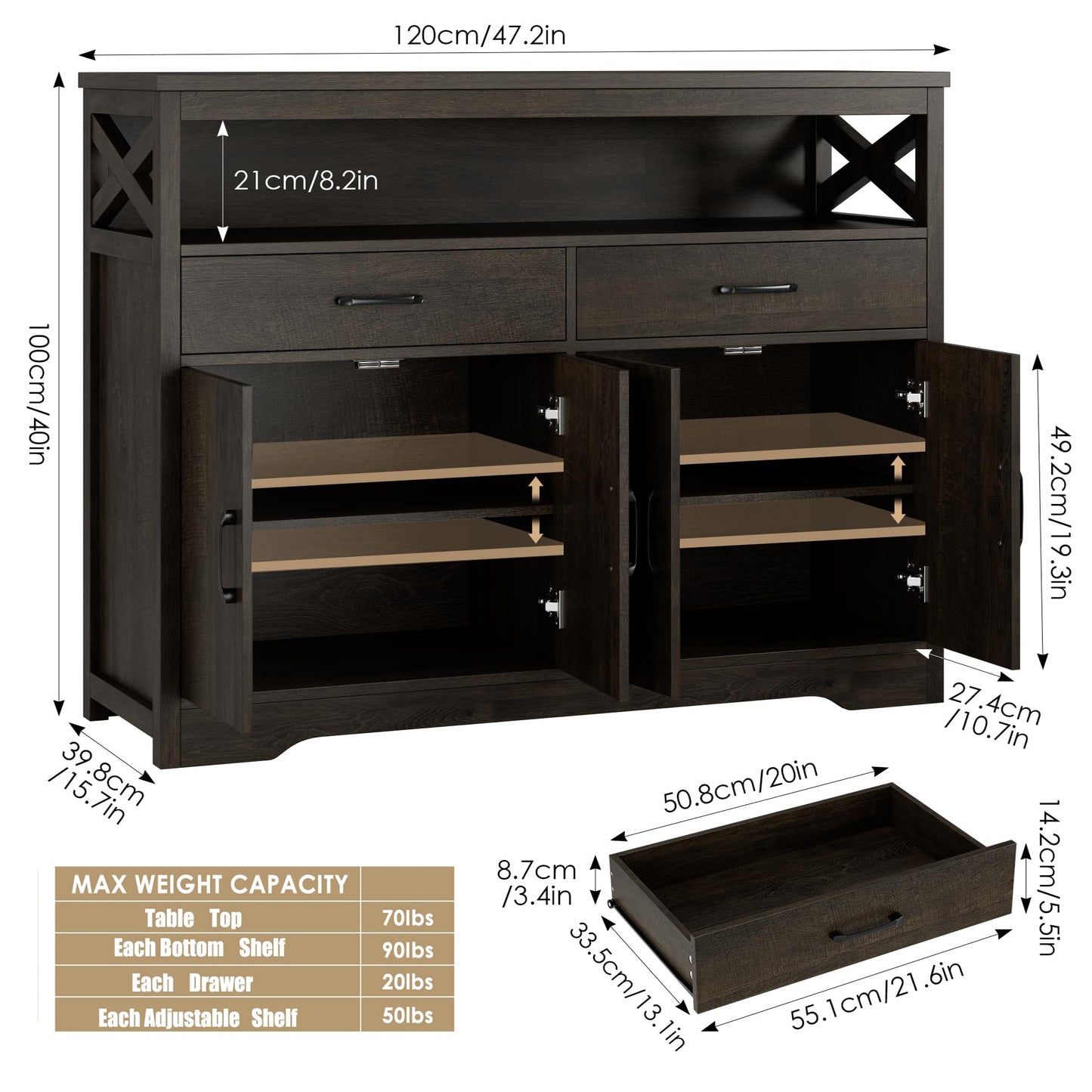 HOSTACK 47" Modern Farmhouse Sideboard Buffet Cabinet, Wood Buffet Storage Cabinet with Drawers & Shelves, Large Coffee Bar Cabinet with Storage, Microwave Stand for Kitchen, Dining Room, Dar - WoodArtSupply