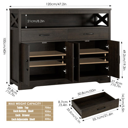 HOSTACK 47" Modern Farmhouse Sideboard Buffet Cabinet, Wood Buffet Storage Cabinet with Drawers & Shelves, Large Coffee Bar Cabinet with Storage, Microwave Stand for Kitchen, Dining Room, Dar - WoodArtSupply