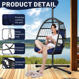 LEVELEVE Egg Chair with Stand,Patio Rattan Wicker Hanging Swing Egg Chair Hammock Chair for Porch Garden,Thickened Aluminum Alloy Steel Frame and UV Resistant Cushion,350LBS Capacity(Dark Blue) LEVELEVE