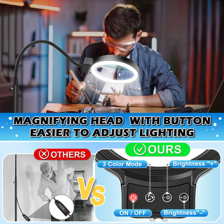 30X 10X Large Floor Magnifying Glass with Light and Stand,72 LED Flexible Gooseneck Floor Magnifying Lamp,2 in 1 Lighted Magnifiers for Close Work, Sewing,Crafts,Hobbies（Black） HQGZQL