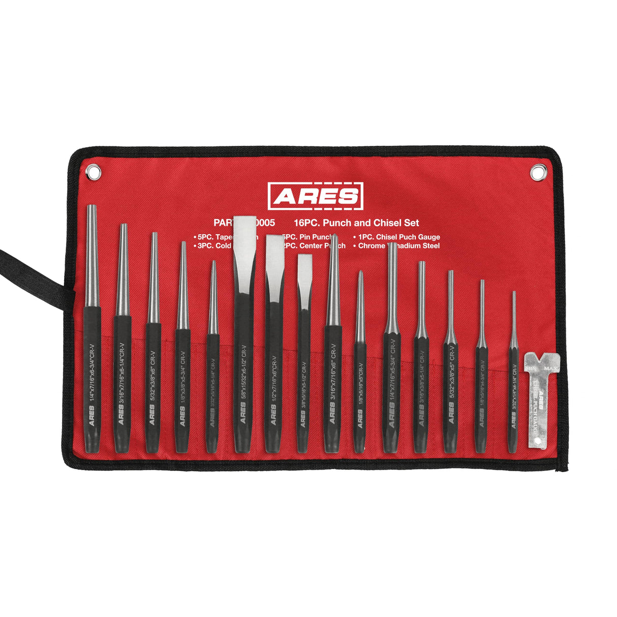 ARES 50005-16-Piece Punch and Chisel Set – Tapered Punches, Pin Punches, Center Punches, and Cold Chisels for Various Applications ARES