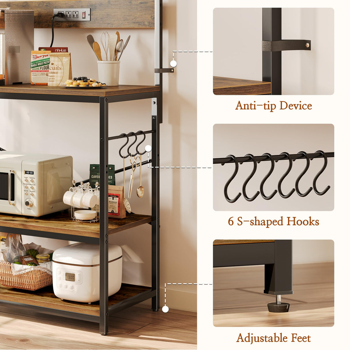 SUPERJARE Bakers Rack with Power Outlets, Microwave Stand, 31.5 X 16.5 Inch Larger Desktop, Kitchen Storage Rack with Adjustable Middle Shelf, 6 S-Shaped Hooks, Coffee Bar Stand, Rustic Brown SUPERJARE
