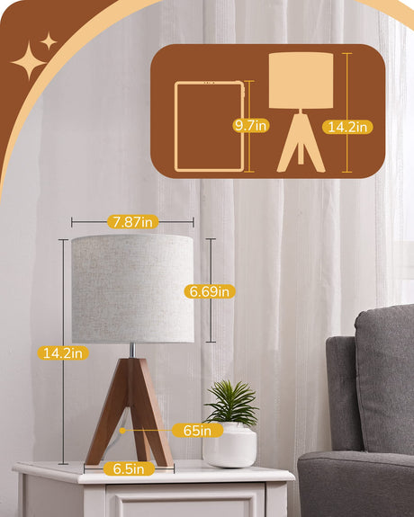 EDISHINE Tripod Table Lamp, Small Cute Bedside Lamp with Linen Beige Lampshade, Nightstand Lamp for Nursery, Bedroom, Kid Room, Living Room, Light Brown Wooden Base, E26 Socket, 14.2 Inch EDISHINE