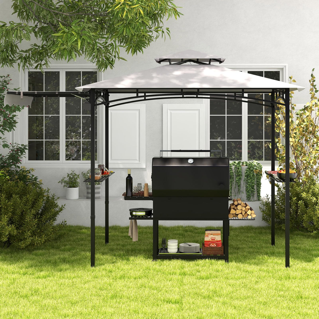 Tangkula 10.5x5 FT Grill Gazebo with Side Awning, 2-Tier Barbecue Gazebo with 2 Shelves, 12 Hanging Hooks, Bottle Opener, Outdoor Grill Canopy for Backyard Garden Poolside (Grey) Tangkula