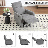 Trustyue Manual Recliner Chair, 360° Swivel Rocker Recliner with Heat and Massage for Small Space, Upholstered Fabric Glider Rocking Chair Nursery Chair with Side Pockets for Living Room, Grey Trustyue