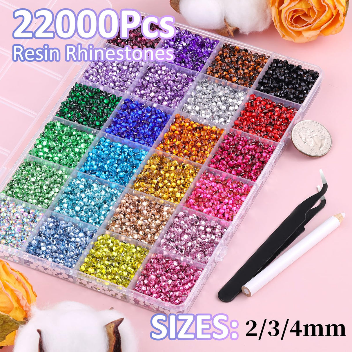 22000Pcs Resin Rhinestones for Bedazzling with Tweezers, Multicolor 2/3/4mm Rhinestones for Crafting with 3Pcs 10ml B7000 Jewelry Glue for DIY Crafts Clothing Tumblers Shoes Fabric Nail Art TINKRSTUFF
