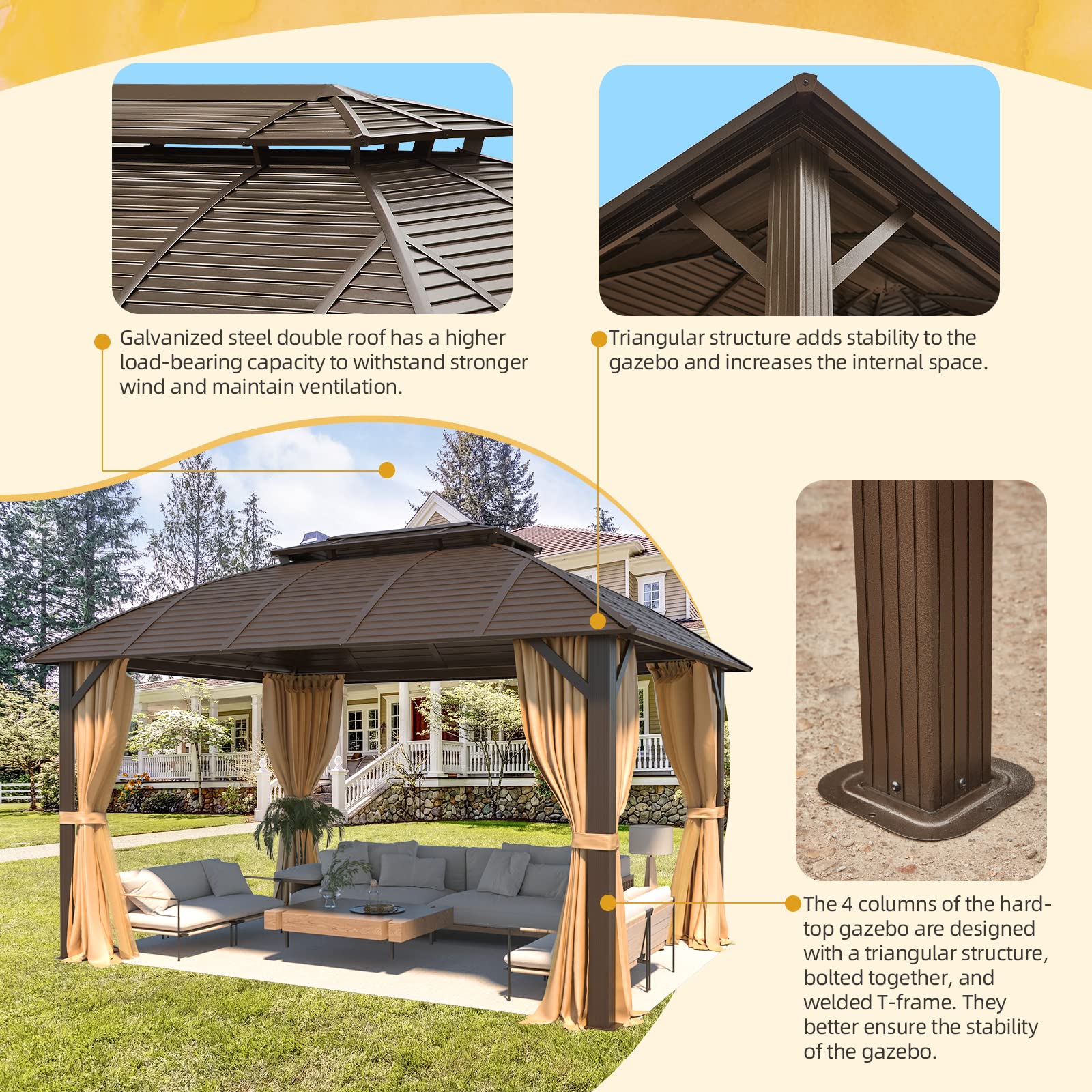 YOLENY 10' x 13' Hardtop Gazebo with Galvanized Steel Roof, Double Arc Roof Gazebo with Aluminum Frame, Outdoor Gazebo with Curtain&Netting, Sunshade for Gardens, Lawns, Deck - WoodArtSupply