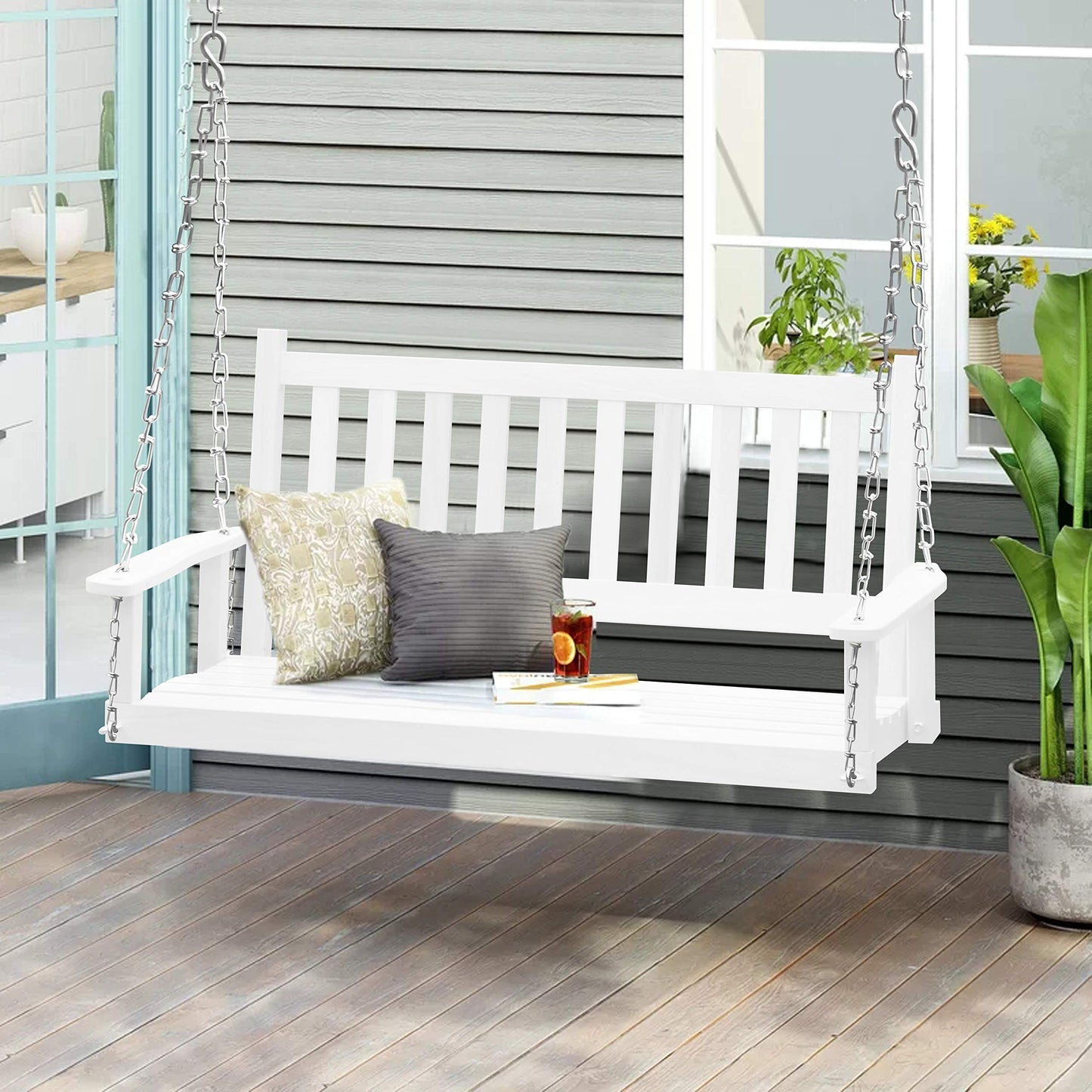 MUPATER Outdoor Patio Hanging Wooden Porch Swing 4FT with Chains, 2-Person Heavy Duty Swing Bench for Garden and Backyard, White - WoodArtSupply