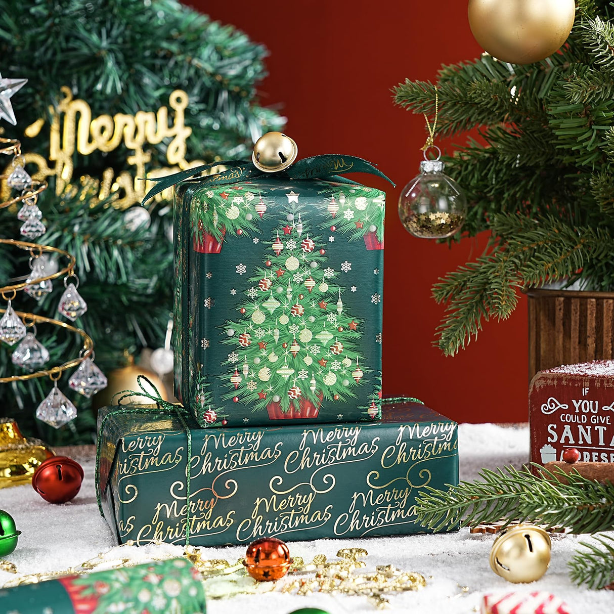 WRAPAHOLIC 30 Inch Nutcracker Christmas Wrapping Paper Roll - Jumbo Roll Green Christmas Tree, Snowflakes and Nutcracker with Metallic Foil Shine Design - 4 Rolls - 30 Inch x 120 Inch Per Roll WRAPAHOLIC