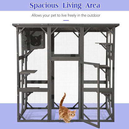 LEISU Large Outdoor Cat House Outdoor Wooden Cat Cage Cat Enclosure with Weatherproof Large Run, Jumping Platforms for Play Catio Cat Patio with Large Entrance Easy to Clean (Dark Grey) - WoodArtSupply