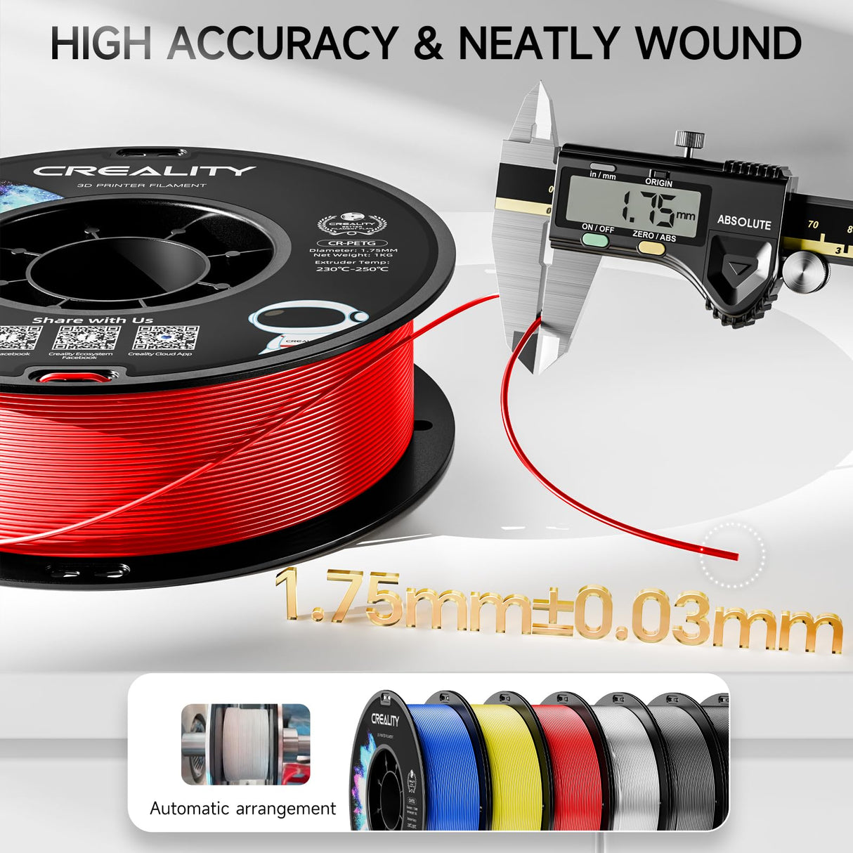 CREALITY PETG Filament 1.75mm 3D Printer Filament, 1kg (2.2lb) Neatly Wound Spool, Dimensional Accuracy ±0.03mm, 2024 Latest Batch, Fit for Ender, Bambu Lab, Anycubic,ELEGOO FDM Printers, Red Creality