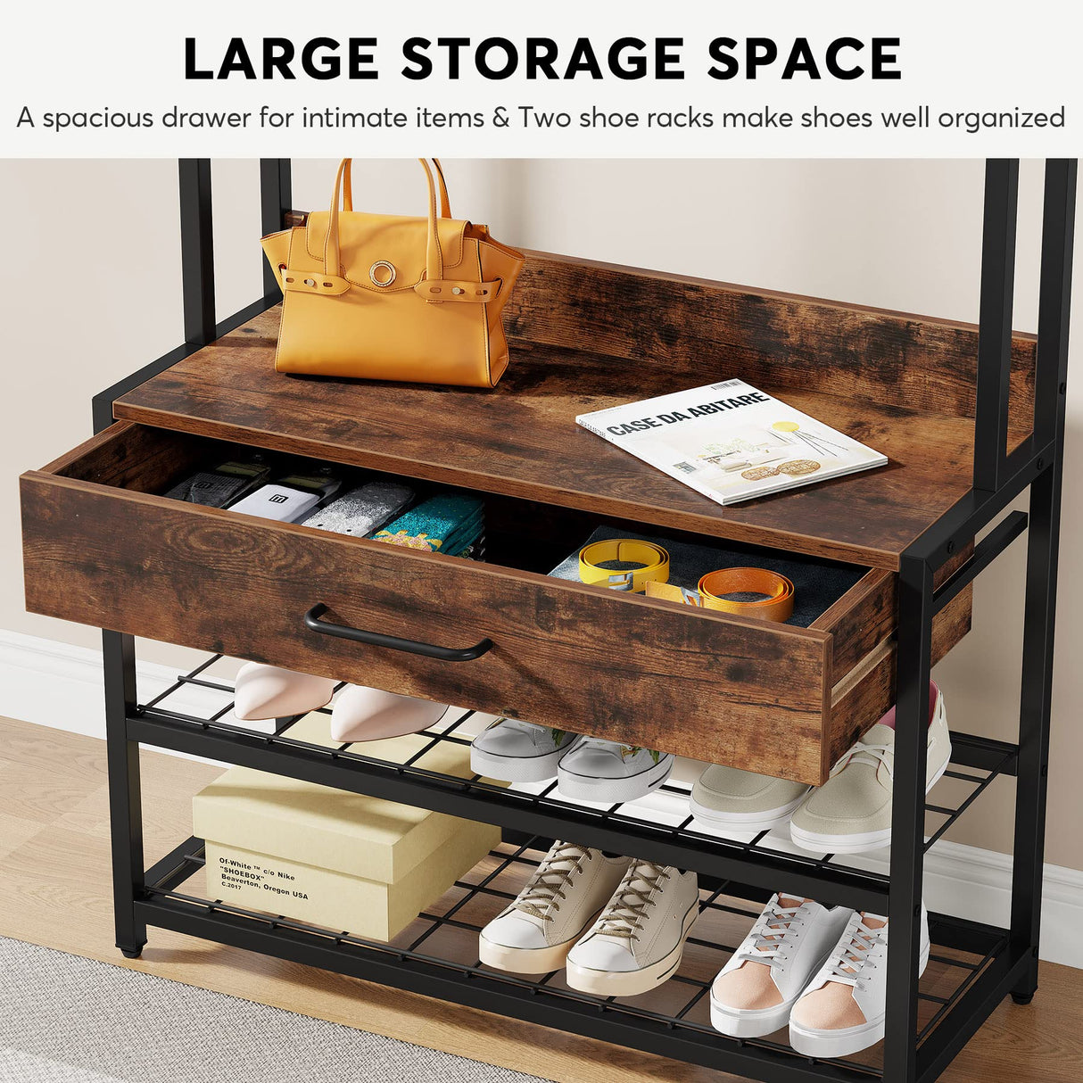 Tribesigns 3-in-1 Entryway Hall Tree with Drawer, Vintage Industrial Coat Rack with Shoe Bench and Hutch, Mudroom Bench with Shoe Storage Rack and 9 Hooks for Living Room Bedroom (Brown) Tribesigns