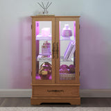 Lighted Glass Curio Display Cabinet with Adjustable Shelves - 2 Doors, 1 Drawer, LED Lights, Elegant Light Oak Finish Generic