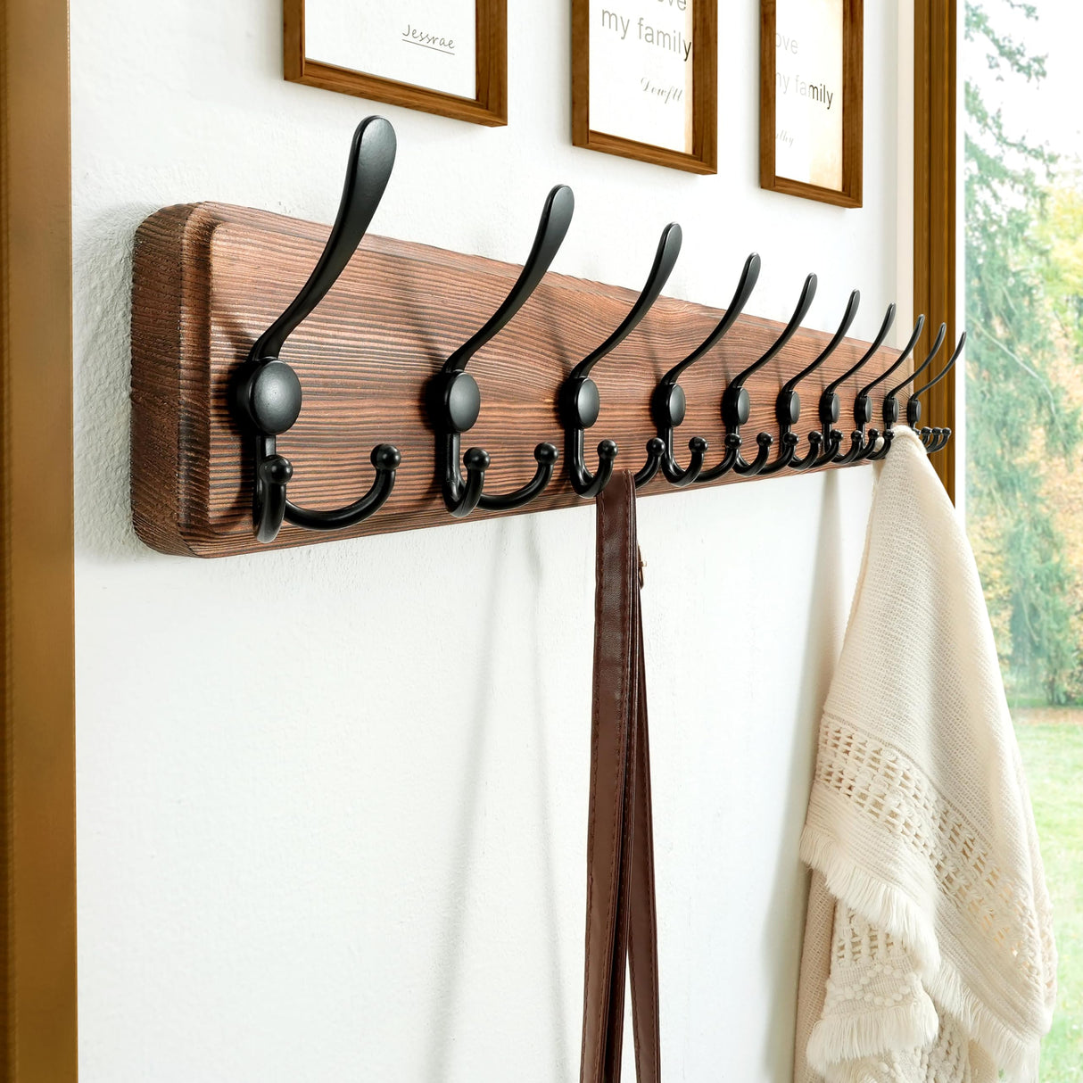 Dseap Coat Rack Wall Mounted - 10 Tri Hooks, 38-1/4" Long, Heavy Duty Wooden Wall Coat Hanger Coat Hook for Clothes Hat Jacket Clothing, Natural & Black Dseap